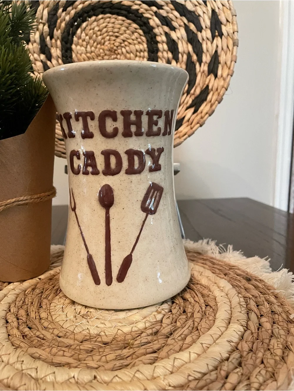 Vintage Cream Ceramic Kitchen Caddy with Brown Lettering